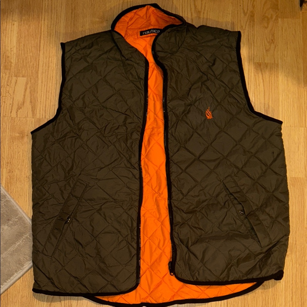 Nautica Quilted Reversible Vest Olive Green with Orange Lining